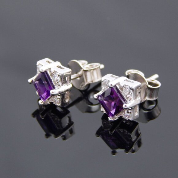 Genuine Amethyst Cushion Cut Earrings in 925 Sterling Silver - Picture 2 of 6